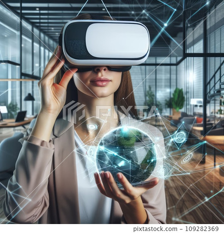 Metaverse technology concept. Woman with VR virtual reality goggles is working in the office. Metaverse technology concept. Woman with VR virtual reality goggles is working in the office. 109282369