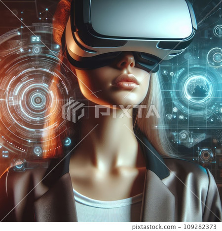 Metaverse technology concept. Woman with VR virtual reality goggles is working in the office. 109282373