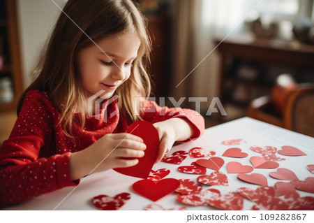 Kid making heart-shaped Valentine's card Kid making heart-shaped Valentine's card 109282867