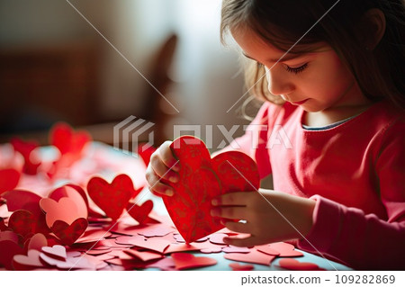 Kid making heart-shaped Valentine's card 109282869