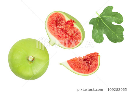 Ripe green fig fruit isolated on white background with full depth of field. Top view. Flat lay. Ripe green fig fruit isolated on white background with full depth of field. Top view. Flat lay. 109282965