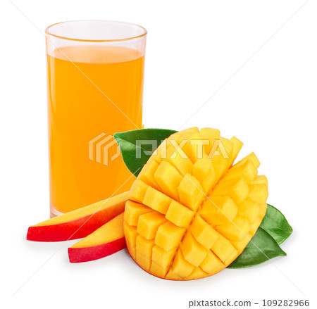 Mango juice and fruit with leaves isolated on white background close-up Mango juice and fruit with leaves isolated on white background close-up 109282966
