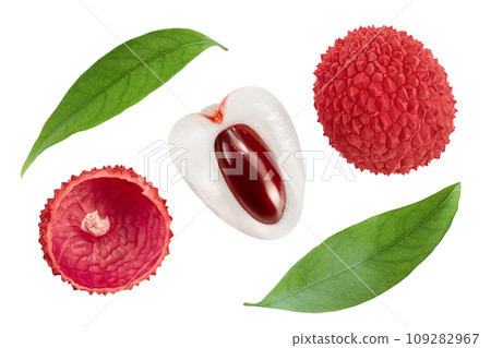 lychee fruit isolated on white background with full depth of field. Top view. Flat lay 109282967