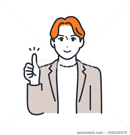 A simple vector illustration of a young man wearing a casual suit smiling and giving a good sign. 109283078