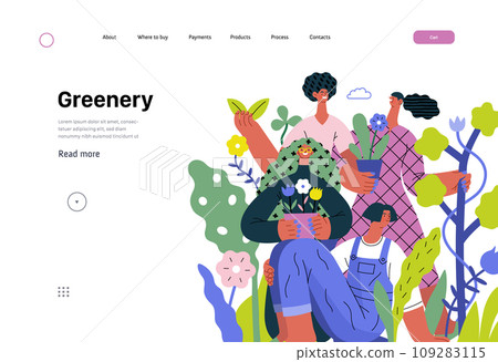 Greenery, ecology -modern flat vector concept illustration of people surrounded by plants and flowers. Metaphor of environmental sustainability and protection, closeness to nature Greenery, ecology -modern flat vector concept illustration of people surrounded by plants and flowers. Metaphor of environmental sustainability and protection, closeness to nature 109283115
