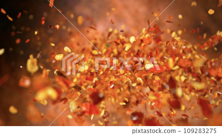Freeze Motion Shot of Flying Dry Chilli Peppers, Macro 109283275