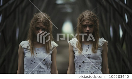 Two girls in identical dresses 109283440