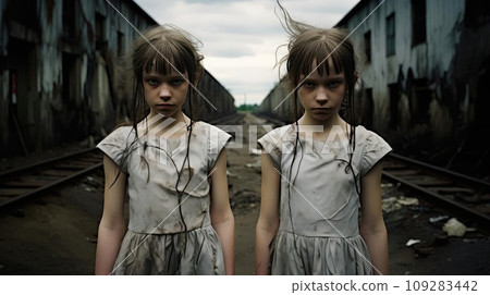 Two girls in identical dresses 109283442