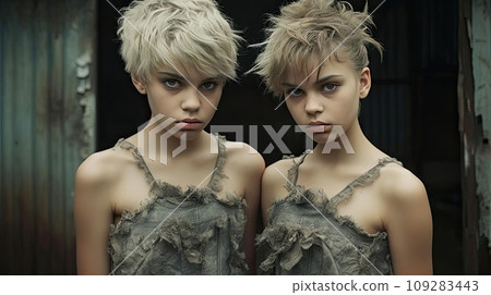 Two girls in identical dresses 109283443