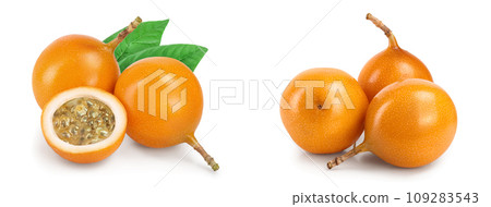 Granadilla or yellow passion fruit isolated on white background Granadilla or yellow passion fruit isolated on white background 109283543