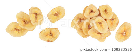 Dried banana chips isolated on white background with full depth of field. Top view. Flat lay 109283556