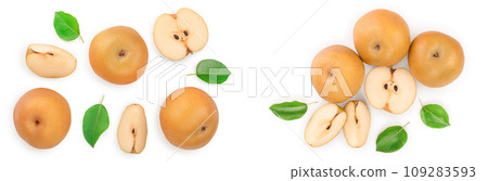 Fresh asian pear with leaves isolated on white background. Top view. Fresh asian pear with leaves isolated on white background. Top view. 109283593