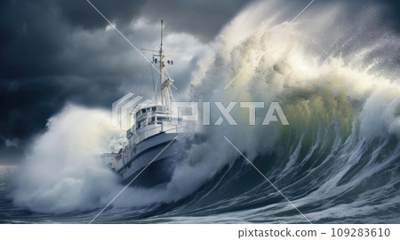 A small ship is covered by a wave during a storm at sea 109283610