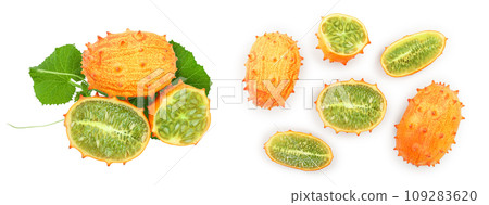 Kiwano or horned melon with leaves isolated on white background, Top view. Flat lay. 109283620