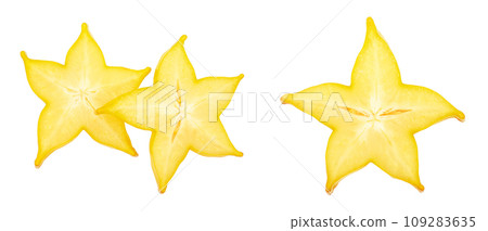 Carambola or star-fruit slice isolated on white background. Top view. Flat lay 109283635