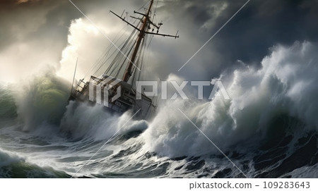 A small ship is covered by a wave during a storm at sea A small ship is covered by a wave during a storm at sea 109283643