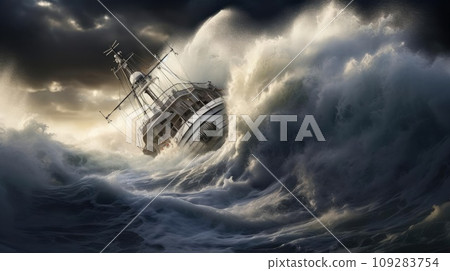 A small ship is covered by a wave during a storm at sea 109283754