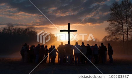Group of people holding a large Christian cross Group of people holding a large Christian cross 109283887