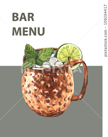 Watercolor moscow mule cocktail with lime and mint leaves ice, in a copper mug. Hand-drawn illustration isolated on white background.Perfect for recipe lists with alcoholic drinks, brochures for cafe Watercolor moscow mule cocktail with lime and mint leaves ice, in a copper mug. Hand-drawn illustration isolated on white background.Perfect for recipe lists with alcoholic drinks, brochures for cafe 109284417