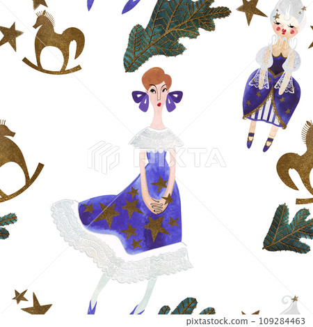 Princess, doll and fir branches. Seamless watercolor pattern for New Year and Christmas wrapping paper. Vintage style gifts for children under the Christmas tree. Princess, doll and fir branches. Seamless watercolor pattern for New Year and Christmas wrapping paper. Vintage style gifts for children under the Christmas tree. 109284463