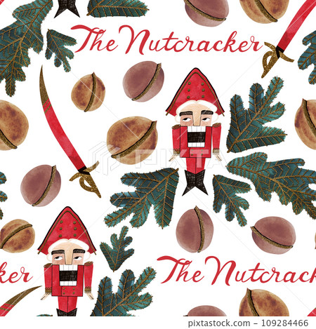 Nutcracker and nuts. Seamless watercolor pattern for New Year and Christmas wrapping paper. Vintage style gifts for children under the Christmas tree. 109284466