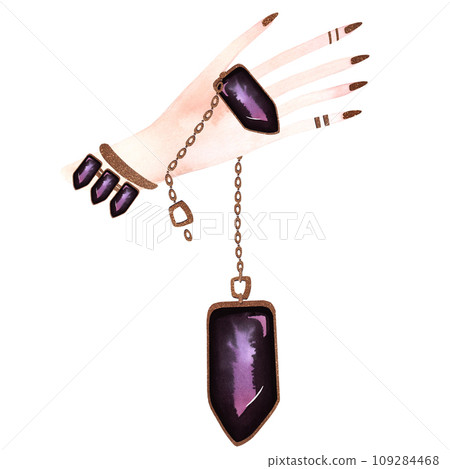 Lithomancy: the feminine hand of a witch reads fortunes on a pendant. Watercolor illustration with pink and lilac streaks and gradients and gold leaf. Isolated image for a mystical and esoteric store. Lithomancy: the feminine hand of a witch reads fortunes on a pendant. Watercolor illustration with pink and lilac streaks and gradients and gold leaf. Isolated image for a mystical and esoteric store. 109284468