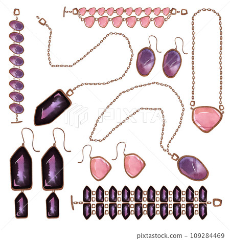 Bundle of women's jewelry: bracelets, pendants and earrings with amethysts quartz, ametrine and gold chains. Watercolor gradients of pink, purple and black. Clipart. Isolated illustration on a white 109284469