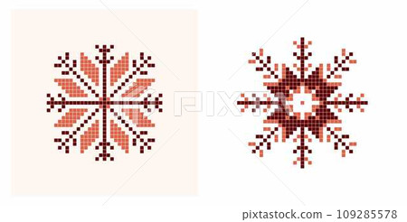 Vector illustration of pixel snowflake. Isolated ethnic, nordic design element set. 109285578