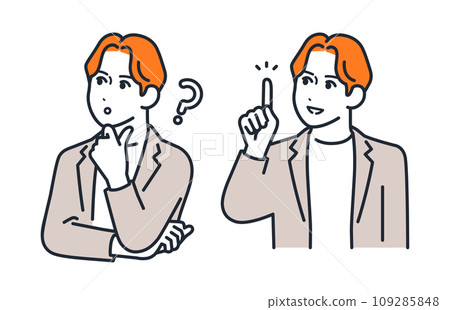 A simple vector illustration set of a young man wearing a casual suit with a thinking expression and an inspired expression. 109285848