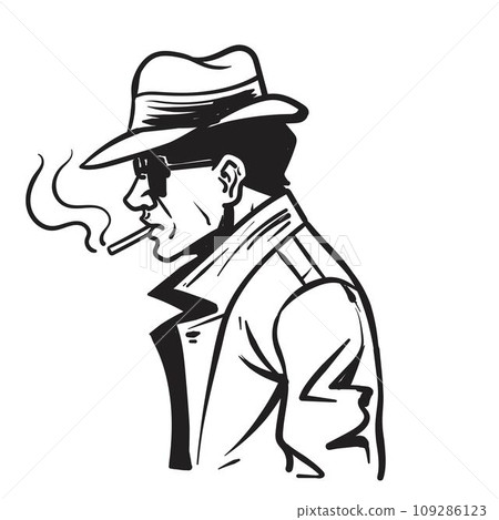 mysterious man in a hat with a mustache in glasses. Retro style 109286123