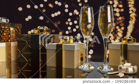 The Gift box and champaign for celebrate concept 3d rendering. The Gift box and champaign for celebrate concept 3d rendering. 109286169