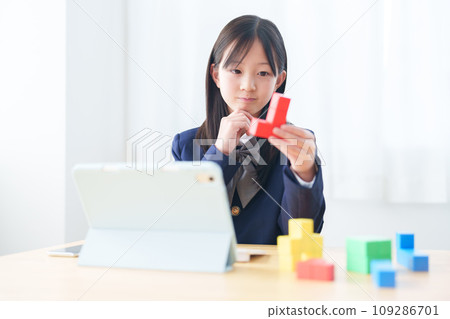 Girl studying programming with blocks 109286701