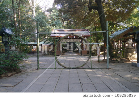Komaki Suwa Shrine in Nagareyama City is in a forest of large trees after passing through the torii gate. 109286859