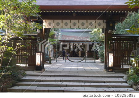 Komaki Suwa Shrine in Nagareyama City is in a forest of large trees after passing through the torii gate. 109286882