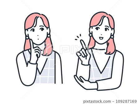 Simple vector illustration set material of a stylish young woman thinking by pointing 109287169