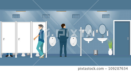 People in public toilet for men with furniture and stuff. 109287634