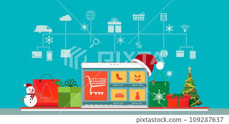 Christmas online shopping with laptop. Christmas online shopping with laptop. 109287637