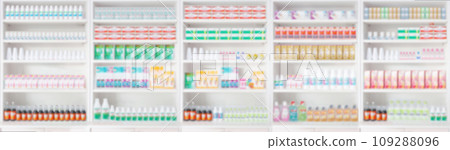 pharmacy drugstore shelves blur pharmaceutical background 109288096