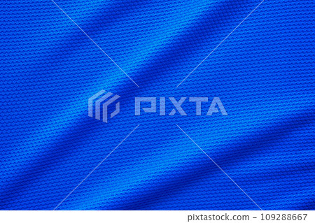 Blue football jersey clothing fabric texture sports wear background, close up top view Blue football jersey clothing fabric texture sports wear background, close up top view 109288667
