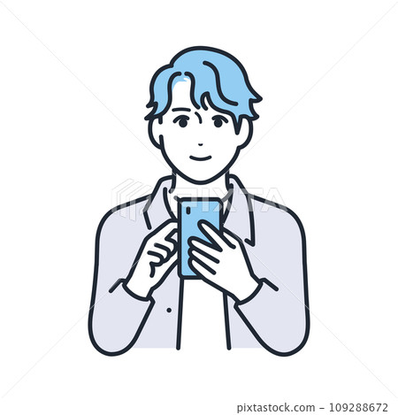 A simple vector illustration of a young man in casual clothes looking at his smartphone with a smile 109288672