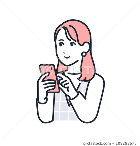 一位時尚的年輕女性微笑著操作智慧型手機的簡單向量圖解 一位時尚的年輕女性微笑著操作智慧型手機的簡單向量圖解 109288675