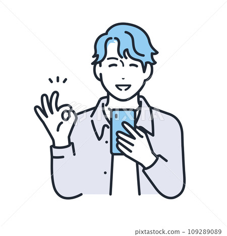A simple vector illustration of a young man in casual clothes holding a smartphone and giving an OK sign. A simple vector illustration of a young man in casual clothes holding a smartphone and giving an OK sign. 109289089