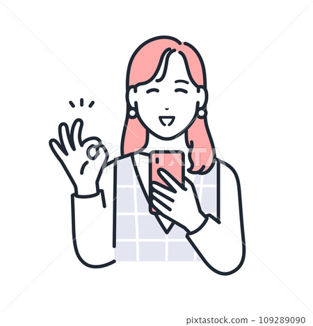 A simple vector illustration of a stylish young woman holding a smartphone and giving an OK sign 109289090