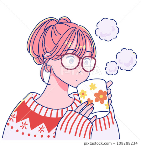 A girl whose glasses fog up from the steam from a hot drink 109289234