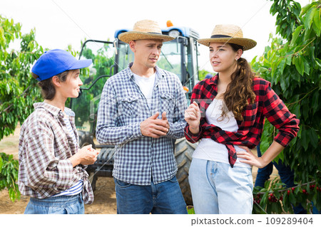 Three farmers working in a fruit nursery communicate in their free time 109289404