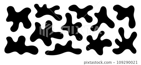 Abstract organic shapes collection. Irregular liquid forms set. Black amoeba blobs, blotches, drops or stains bundle. Different design elements pack for decor, sticker, banner, bubble, collage. Vector 109290021