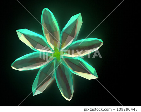 水晶玻璃中水晶花的 3D 插圖，被神奇的光照亮 109290445