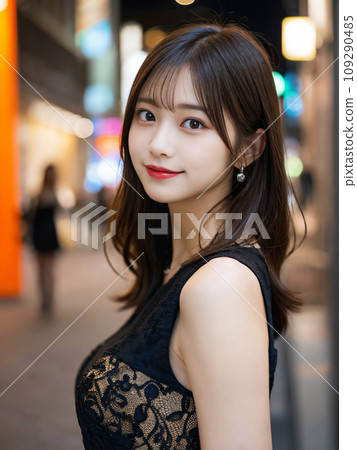 A woman with long hair smiling in a black dress "AI generated image" A woman with long hair smiling in a black dress "AI generated image" 109290485