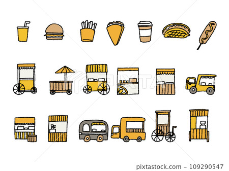廚房車、商店和小吃的插圖集。滑稽的手繪人物。向量，彩色線條圖。 109290547