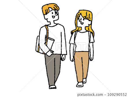 Illustration of two students walking side by side, comical hand-drawn person, vector, color line drawing 109290552